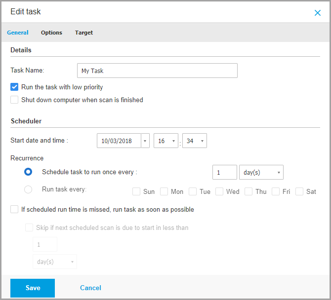 GravityZone policy: on demand scan task options